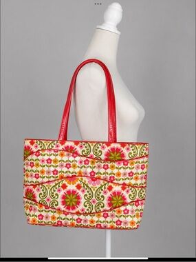 Vera Bradley Retired Floral Laminated Tote Shoulder Bag Large Pink Red Green